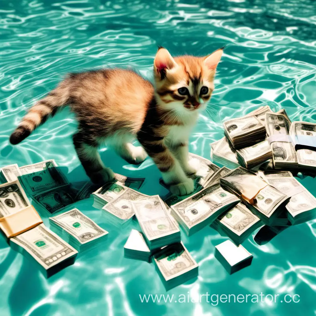 Котик в бассейне с деньгами и горой компьютерных игр