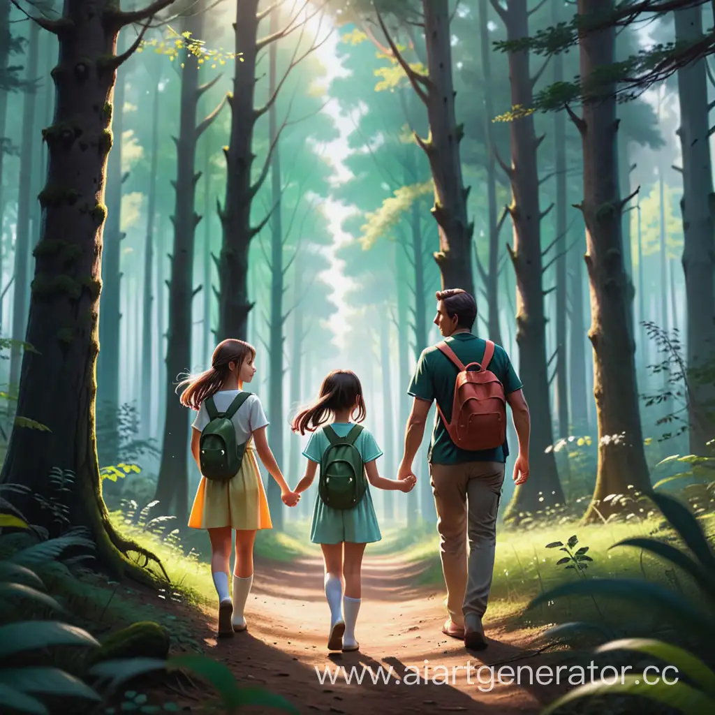 девочка в лесу с родителями гуляет