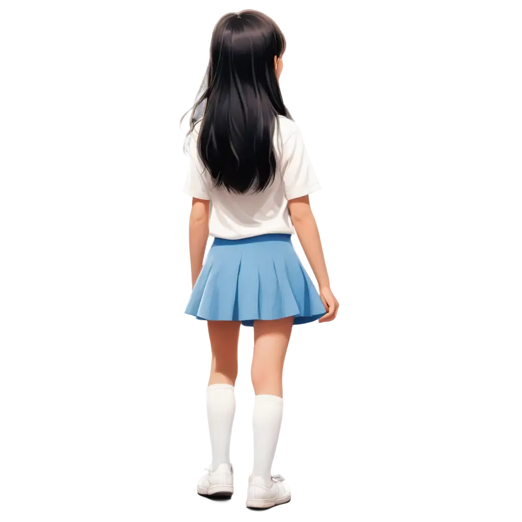 Cartoon character realistic style of a 12 years old girl. She has white skin, long black hair, big light brown eyes. 
Show her back  not her face. She is wearing a white button up shirt shot sleeve top, a blue skirt, tall white socks and white shoes.  She is walking away. 