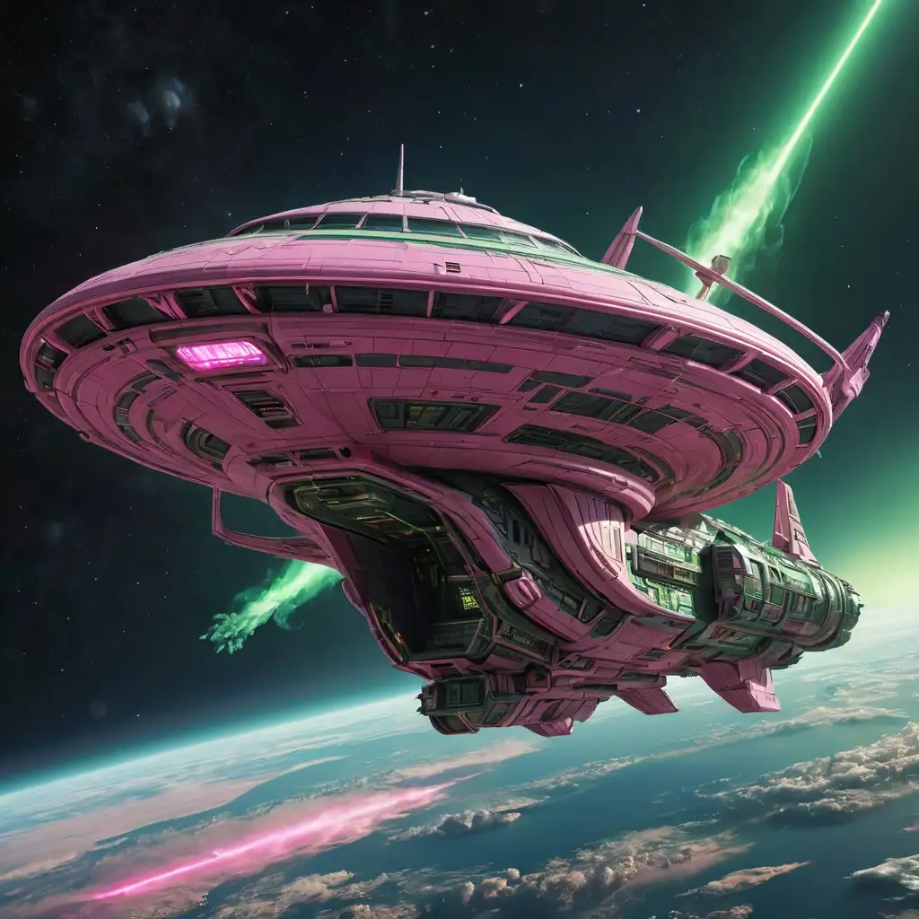 An alien spaceship cruiser, pink hyperspeed, electromagnetic interference orbit of solid green planet, 