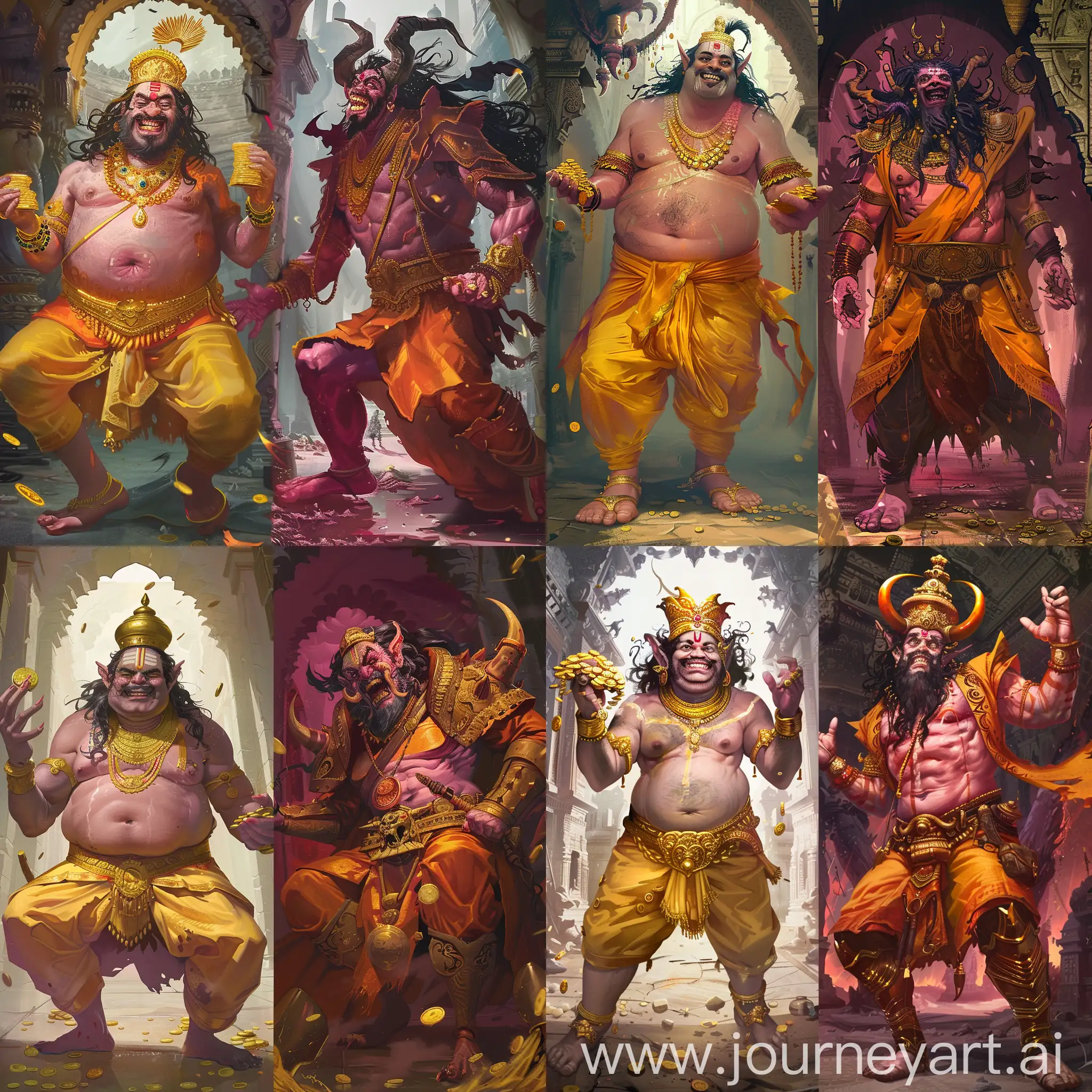 At left, a chubby middle-aged ancient Indian lord Kubera, he doesn't have any beard, he has pale skin,  he has a golden crown and long black hair, he has yellow clothes and pants, he is smiling and he holds golden coins in his hands.

At right, an ancient Hindu demon king Ravana, this demon king has magenta color skin, long black hair and beard, wears brown orange color armor and boots.

They are all inside a creepy and terrible Hindu demon temple.