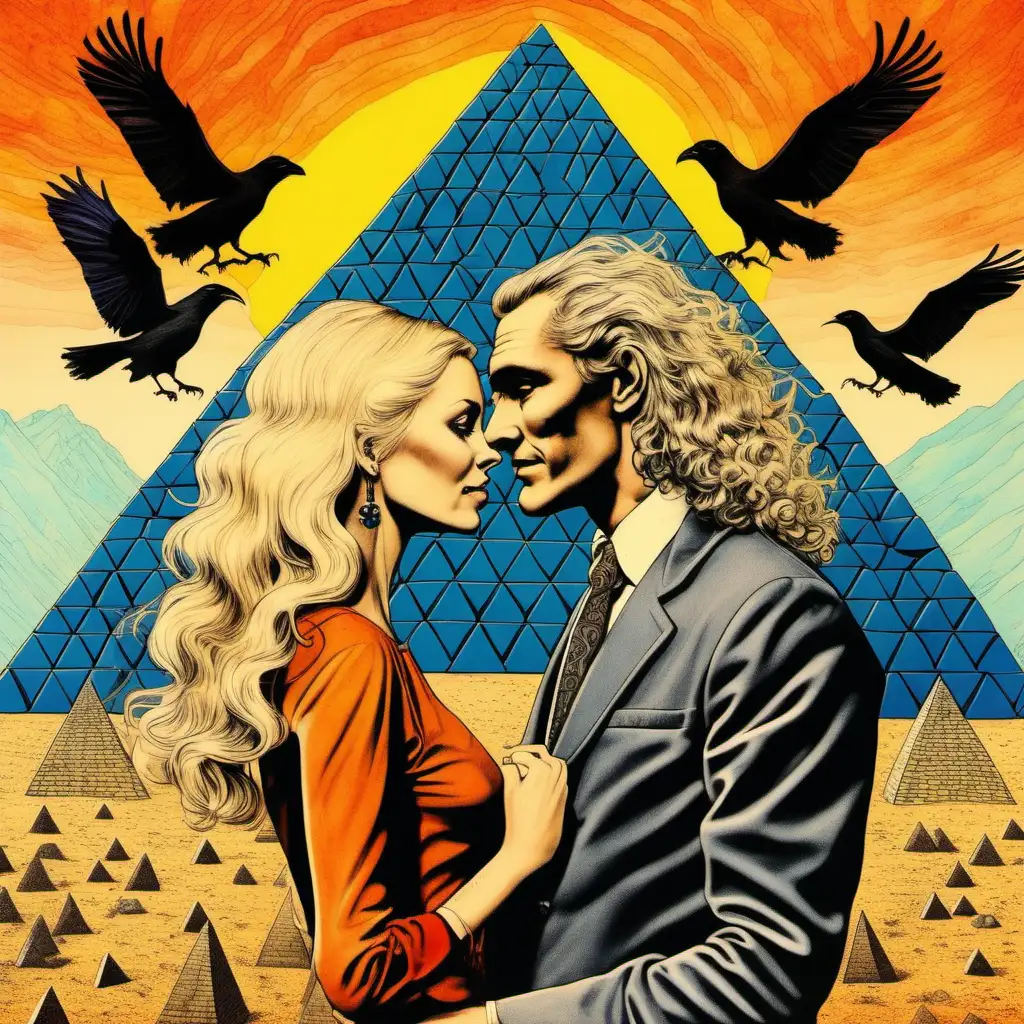Romantic Couple Embraced in 1960s Psychedelic Atmosphere with Swedish Blonde and English GreyHaired Individuals Featuring Pyramids and Crow