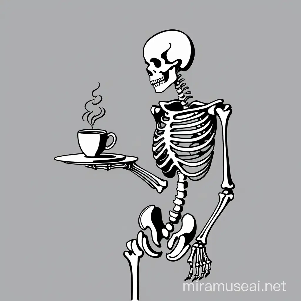A WOMAN SKELETON WITH HAIR HOLDING A COFFEE IN HER HAND IN BLACK AND WHITE DESIGN, 2D, STENCIL, SIMPLE, MINIMALIST, SKETCH DRAWING, FLAT, WAITING