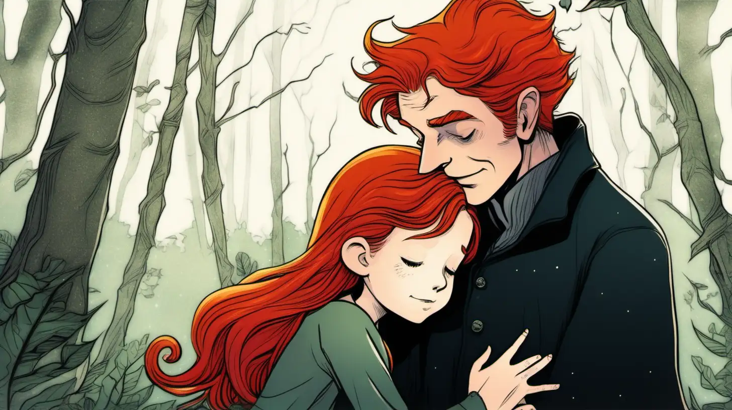 RedHaired Witch and Father Embrace in Enchanted Forest