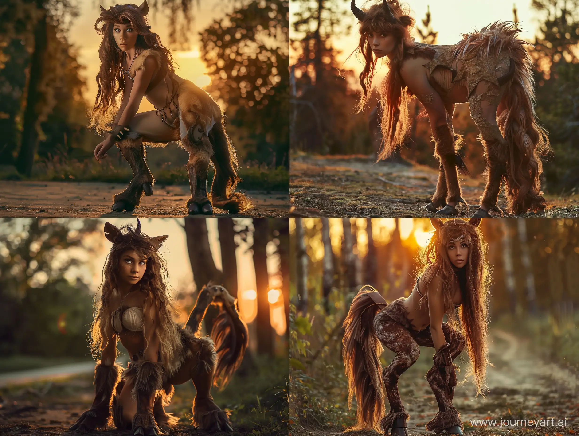 A photograph of a female centaur. She has loose brown hair. She has hooves, fur and a tail. She is standing on all fours in a forest at sunset.