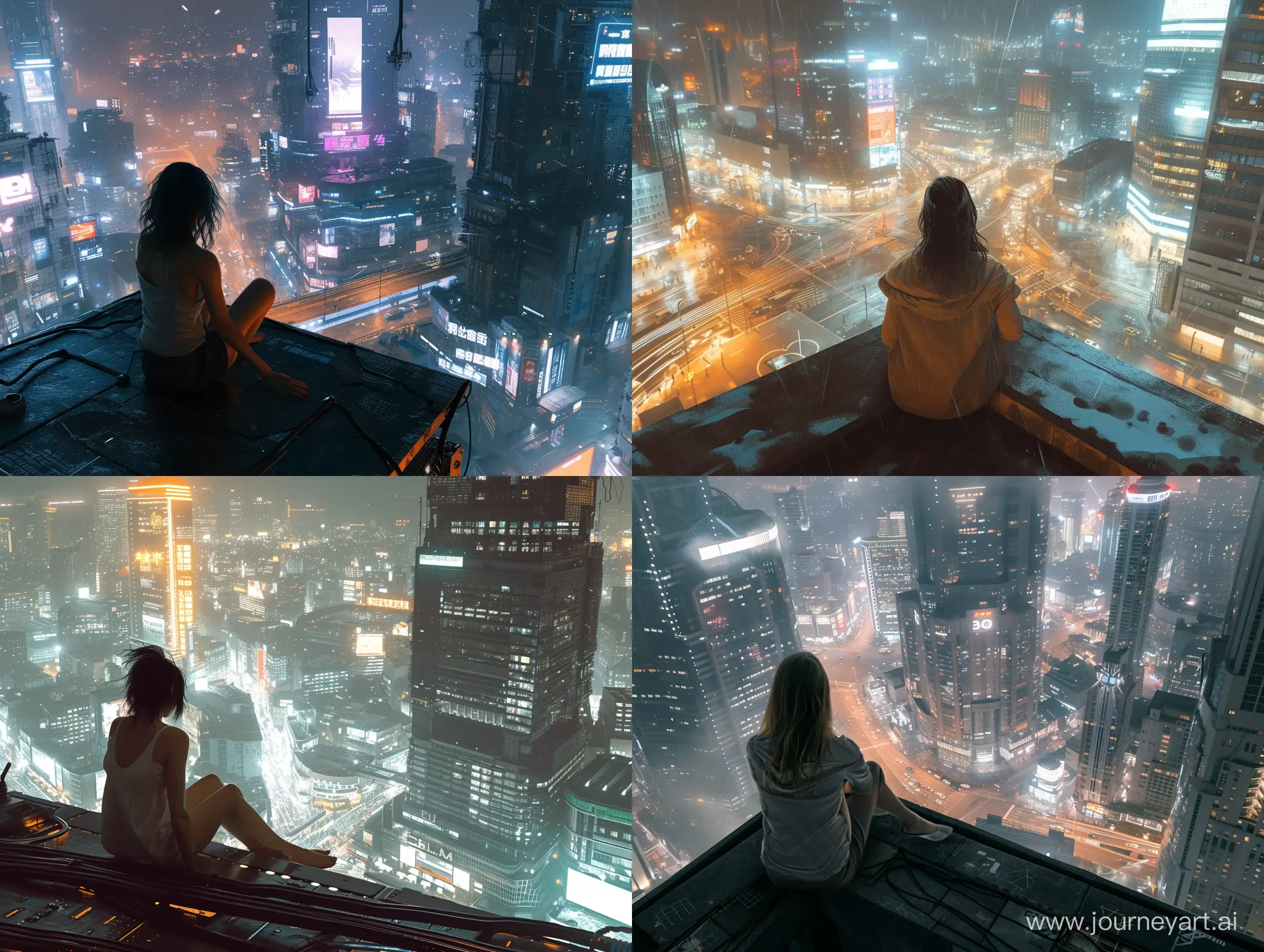 A picture capturing the viewpoint of a woman seated on the rooftop of a building while looking at the city, with natural night time, in a bustling futuristic city environment. The image shows a full view of the city and has a raw and relaxing style, with pleasant weather.
