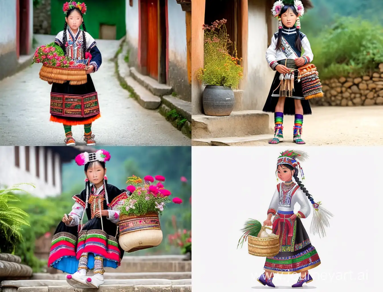 A beautifully illustrated portrait of a 15 year old Miao ethnic minority girl with waist length black hair, wearing traditional Miao clothing including a tight cropped top, loose sable fur vest, knee length pleated skirt, and colorful embroidered shoes. She has two braided pigtails and is wearing silver Miao jewelry on her head. She is carrying a bamboo tea basket full of fresh tea leaves, standing in a forest. Digital art by Artgerm and Greg Rutkowski and Mark Ryden.