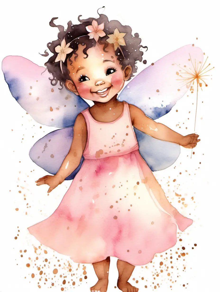Adorable baby fairy sprinkling pink dust, sweet face, brown skin, smiling happy, minimal, watercolour
