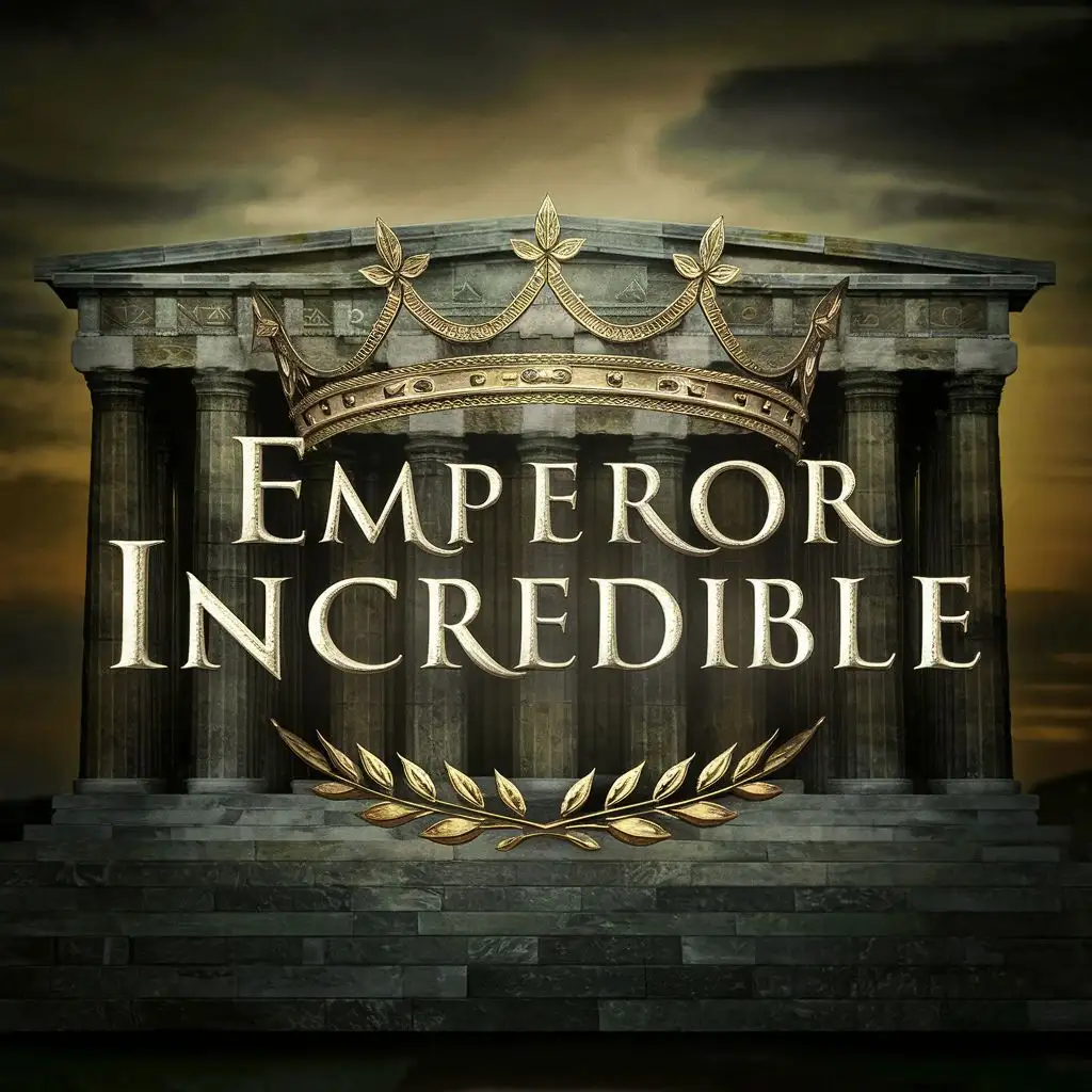 logo, Old English Lettering inside of a roman leaf crown with the background of a temple, with the text "Emperor Incredible", typography