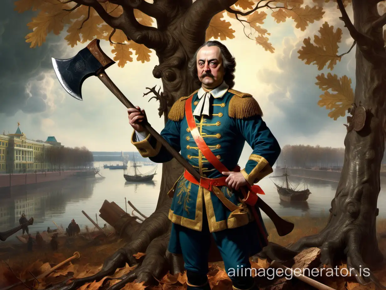 Tsar Peter the Great with an axe in his hands and an oak tree.