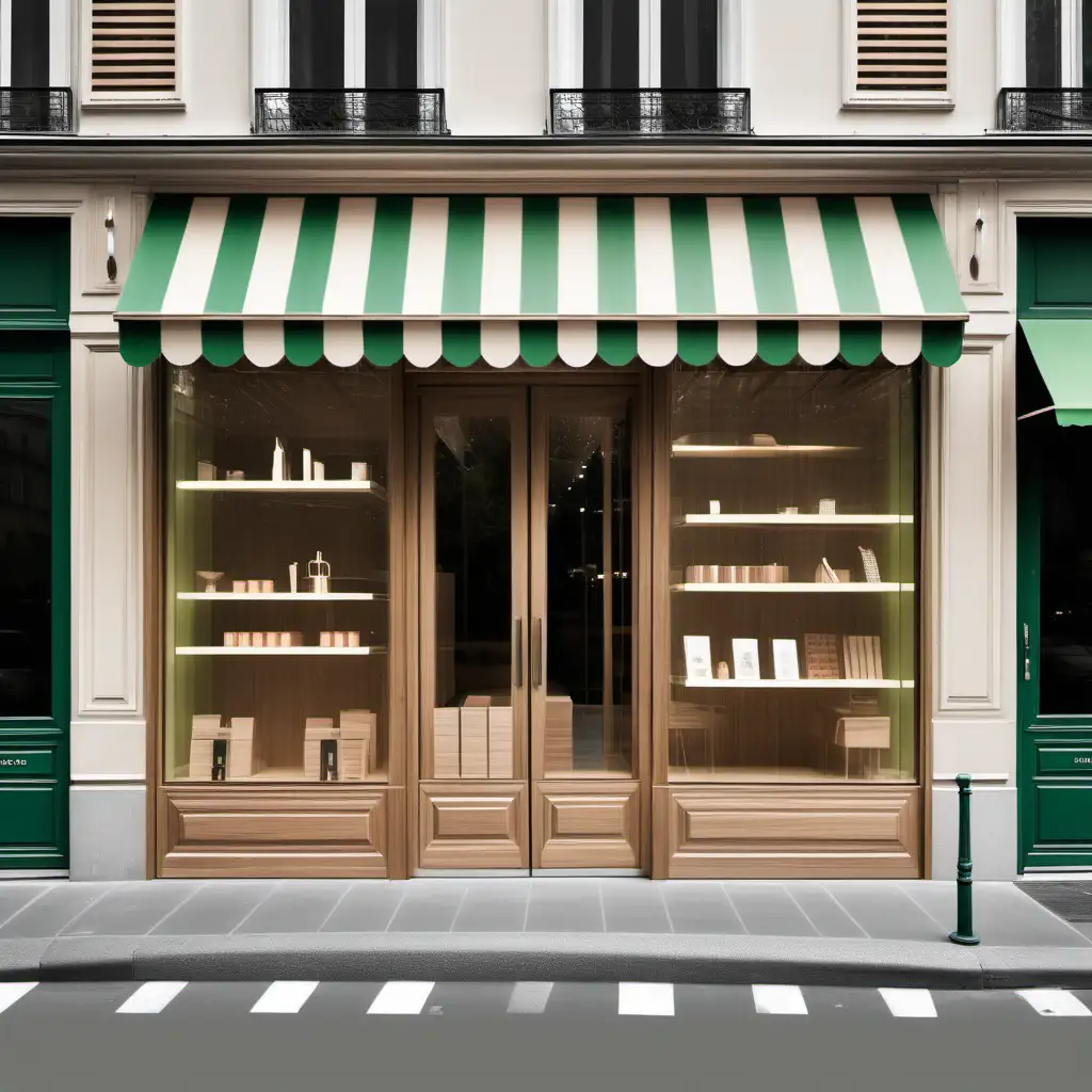 dibuja una tienda contemporanea con un toque parisino, en madera y cristal, con un tendal de rayas verde y beige.