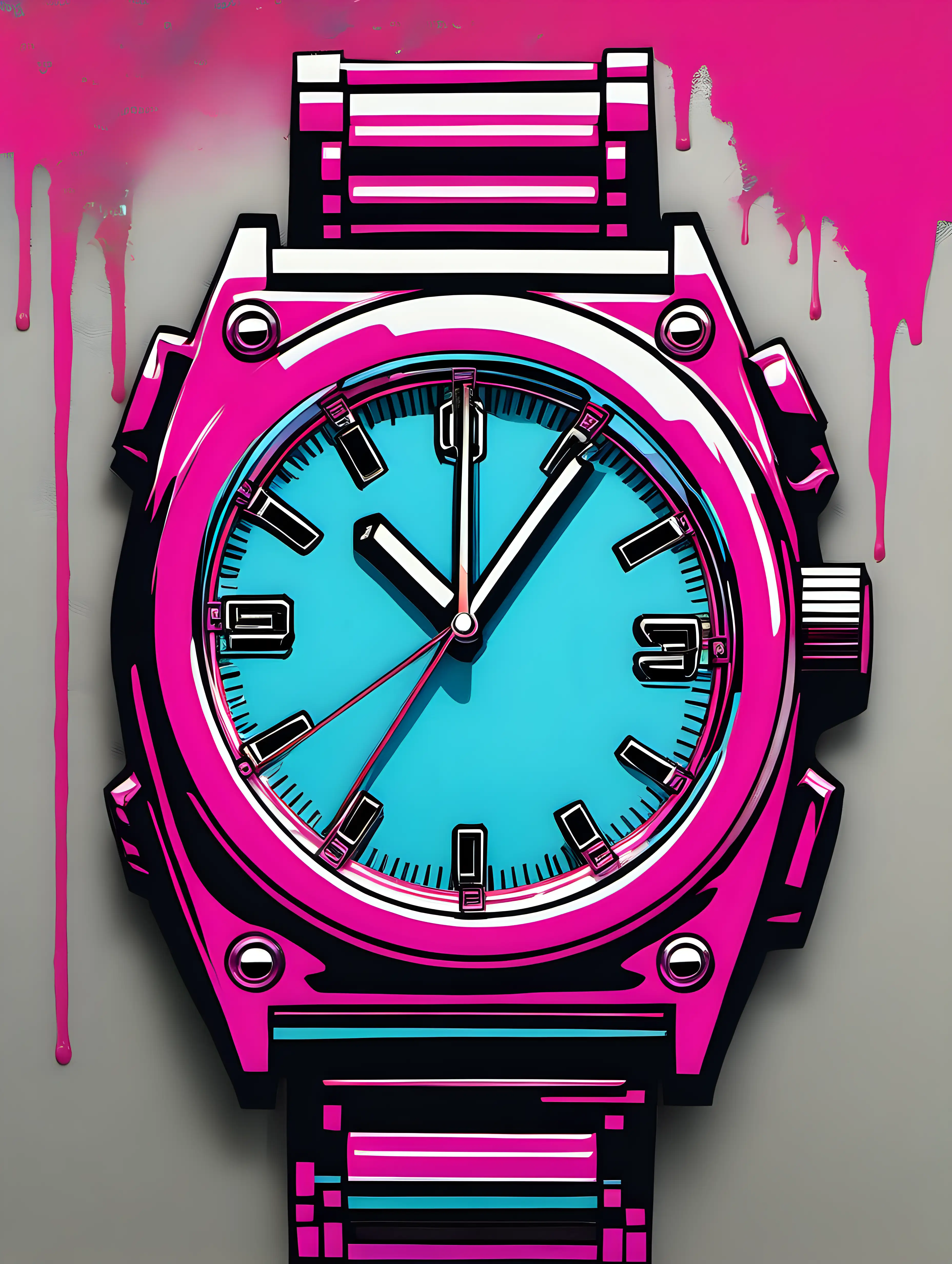 Create a highly detailed spray paint artwork featuring a classic digital watch from the 1980s. The watch should be central in the composition and exhibit characteristics typical of 1980s technology and style. It should have a rectangular face with a clear digital display, showing time in a typical LCD font. The watchband should be of a solid, retro color like neon or pastel, characteristic of the era. The background should capture the essence of the 80s, perhaps including elements like bright, bold geometric patterns, or iconic 80s symbols. The overall art should have a vibrant, energetic feel, reflecting the fashion and tech trends of the 1980s, with an emphasis on the unique textures and layers achieved through spray paint