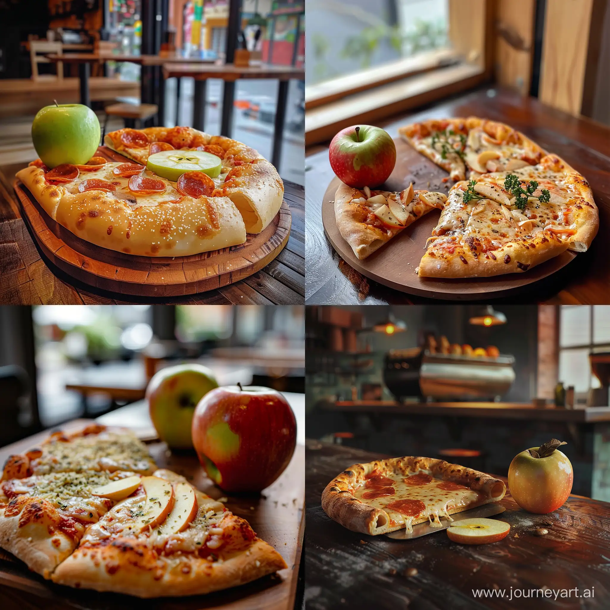 a pizza that eating an apple in a coffee shop
