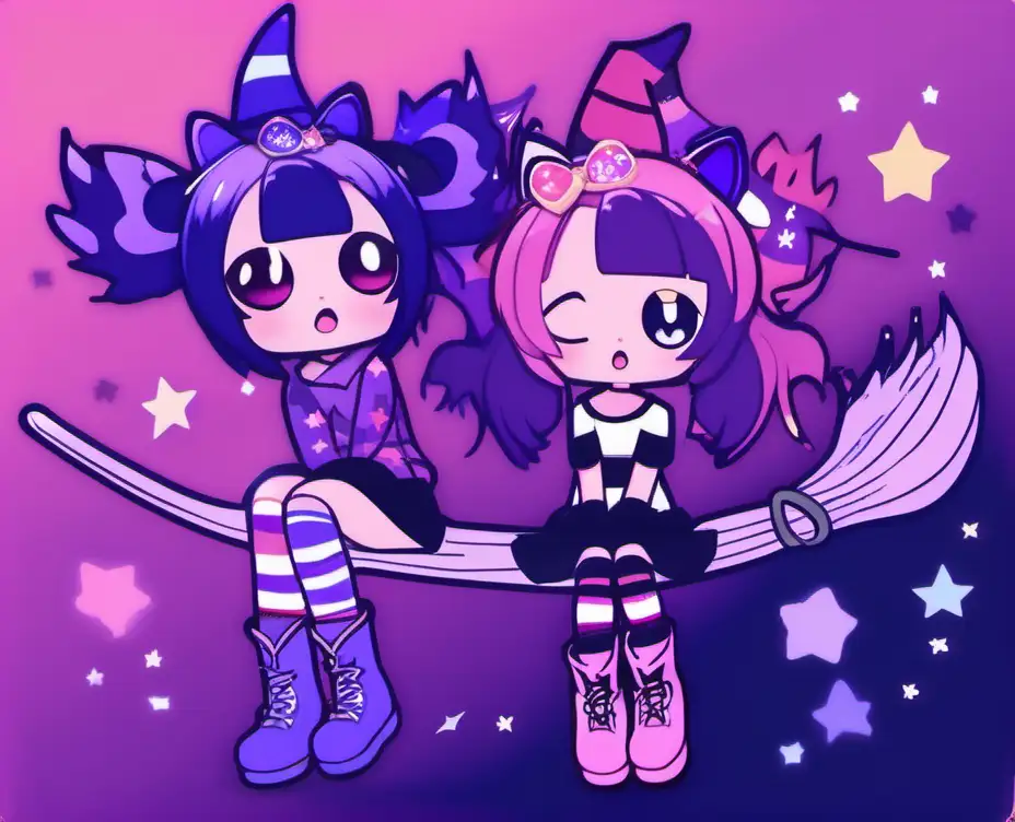 kuromi and melody sitting together on a broomstick with striped socks and black boots on, with a pink and purple background surrounded by little gem stars and little bats