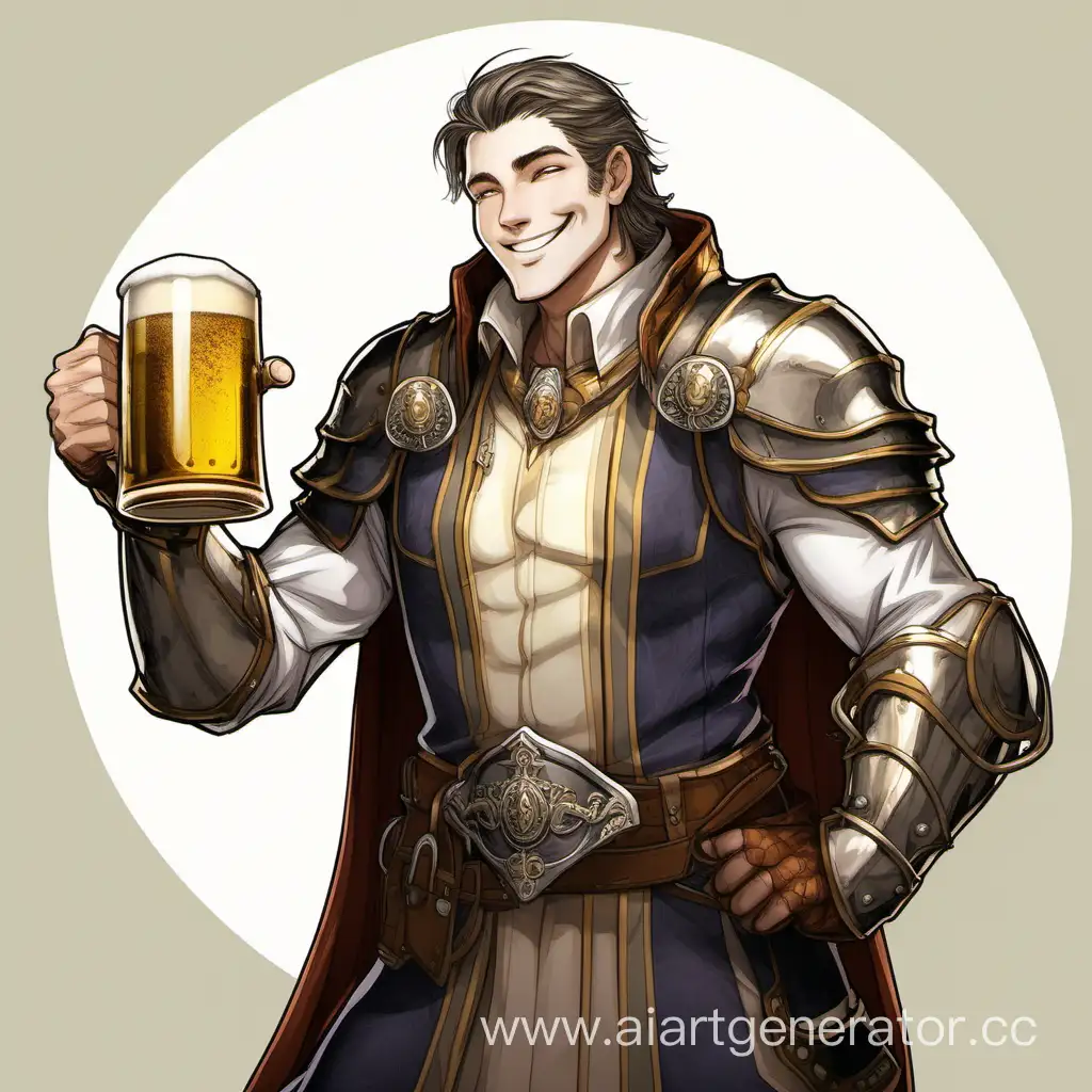 Палладин алкоголик красавчик с кружкой пива, широкой улыбкой и выдающимся подбородком