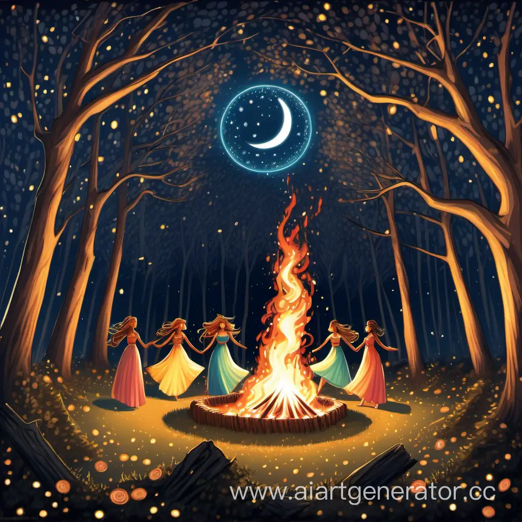 forest, night, huge bonfire, three rings of round dance, magic, girls dancing in dresses and wreaths