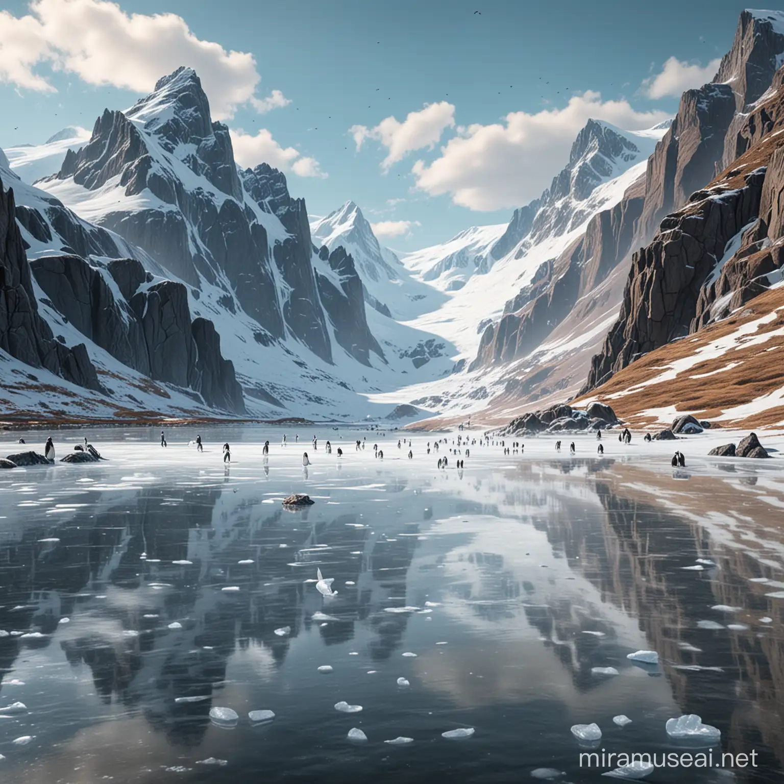 A beautiful, hyper realistic landscape with mountains in the background. A frozen lake is in the foreground, with penguins ice
skating