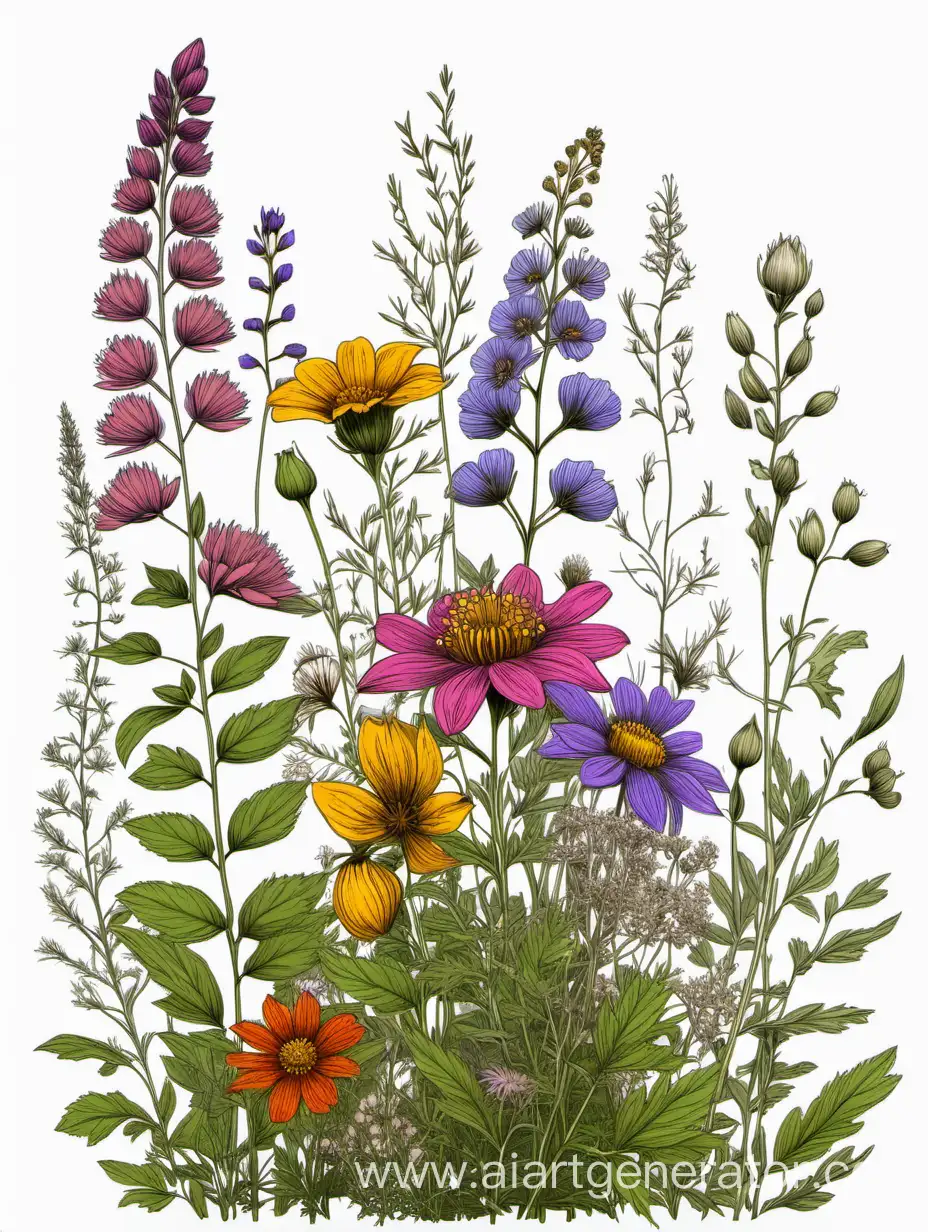a colorful wildflowers lines art, simple, herbs, Unique floral, botanical ,grow in clusters, neutral tones, 4K, high quality, white background, trending on artstation, sharp focus, studio photo, intricate details, highly detailed,