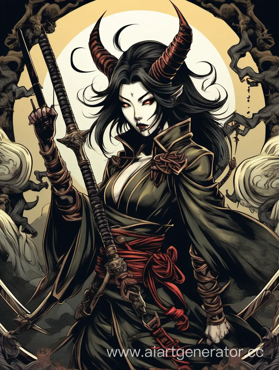 Fantasy-Mythology-Girl-Japanese-Demon-Hunter-Illustration