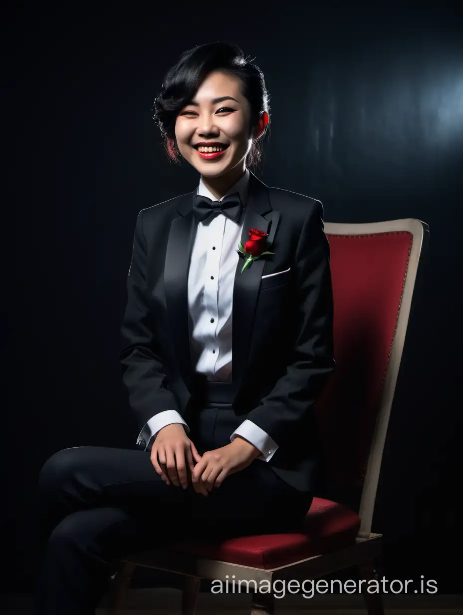 A smiling and laughing Japanese woman sitting in a chair in a dark room.  She is wearing a tuxedo with an open jacket, a white shirt with a black bow tie and cufflinks, and black pants.  She has lomg hair and lipstick. She has a red rose corsage.