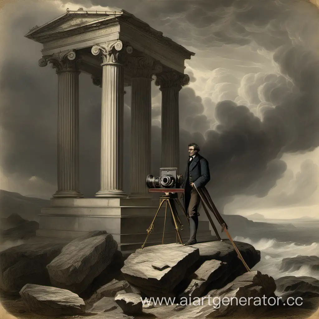 siglo XIX, un viajero junto a una cámara gigante,  sobre una roca, junto a una columna corintia,  día de tormenta