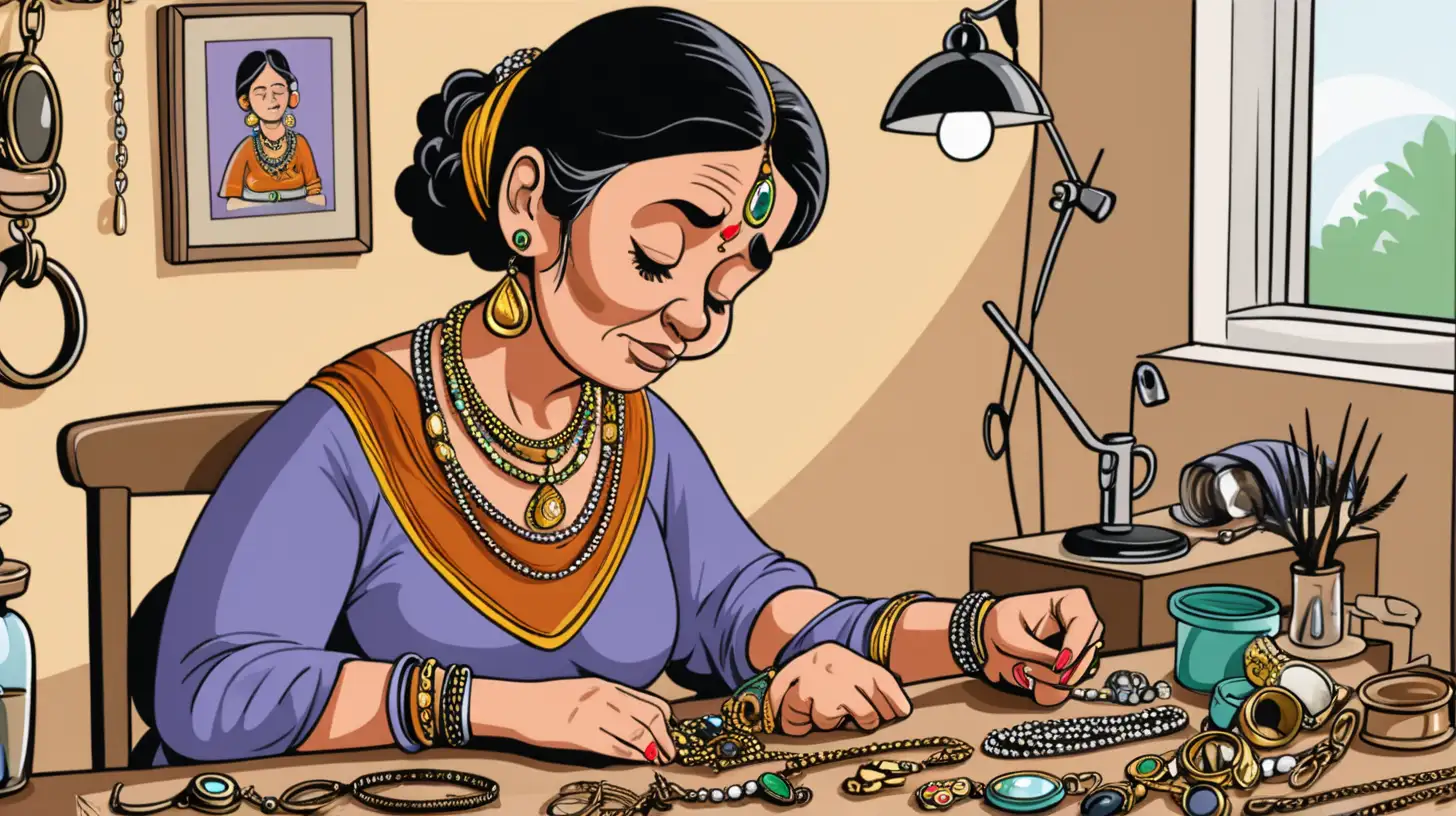 a cartoon poor woman making cheap jewellery at home