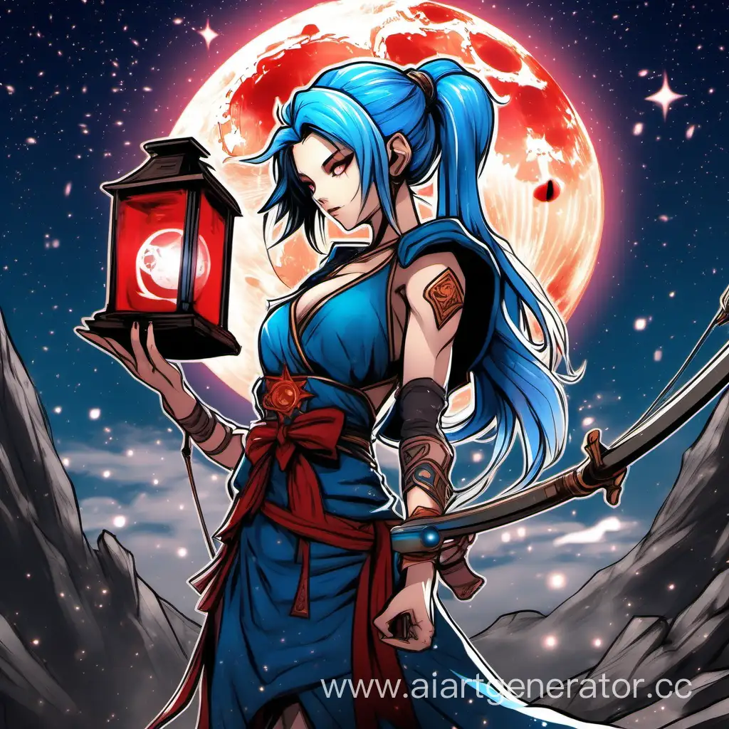 Draw a Star archer with cast blue hair Gathered in a ponytail in one hand A Star bow in the other an ancient lantern so that she looks furiously into the distance against the background of the Blood Moon