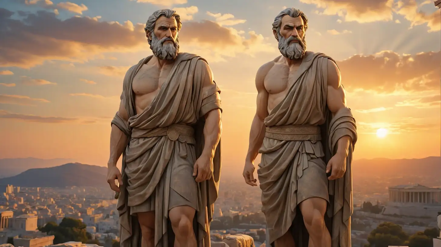 A stunning 3D big giant full body statue of Seneca Stoicism statue poses outside with sunset looking at the city, bearded man in ancient stoicism Greek style.