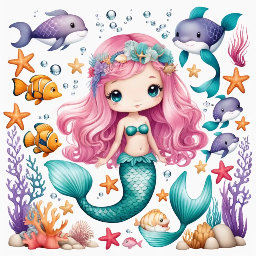 Whimsical Mermaid and Underwater Friends in a Serene White Oasis