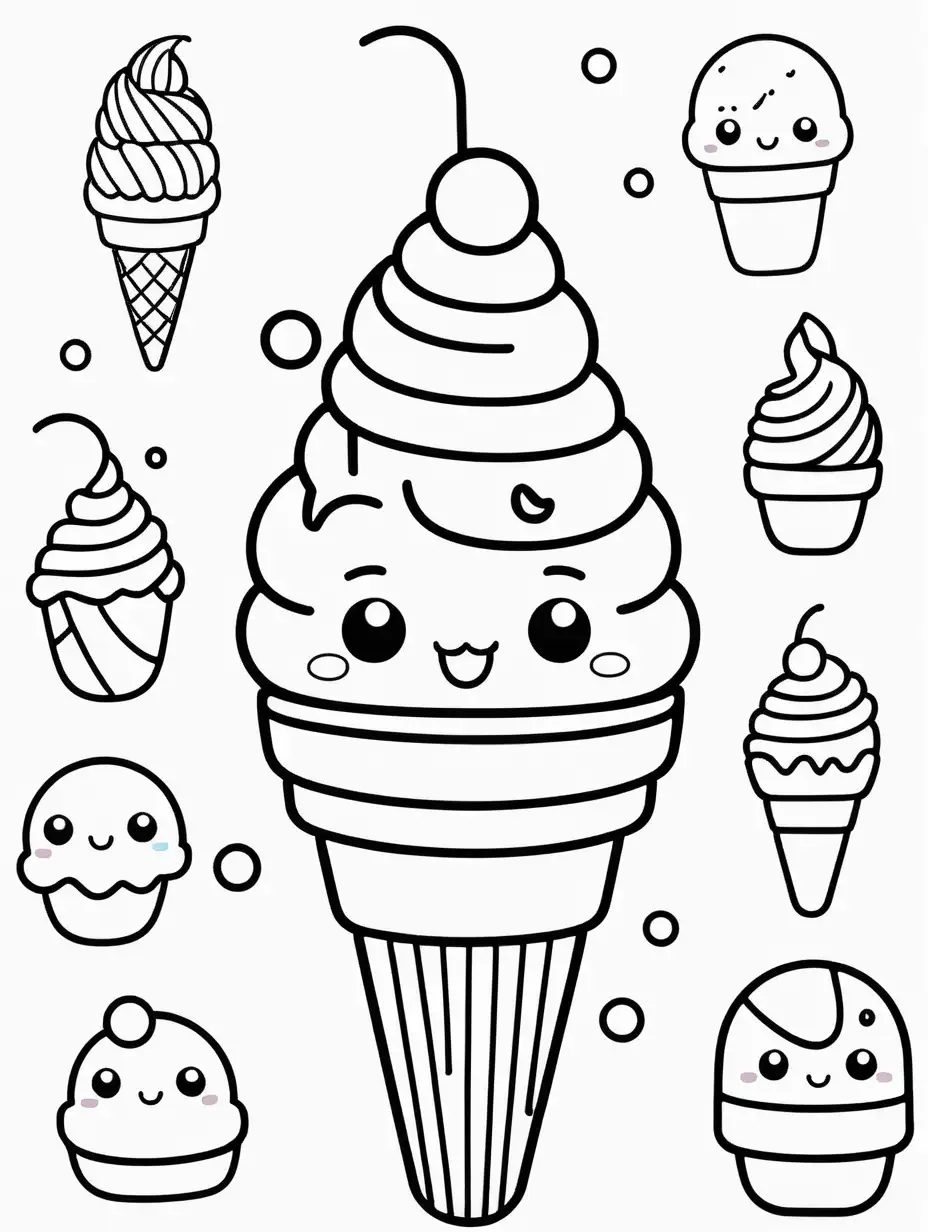 Coloring page for kids, simple kawaii ice cream, cartoon style, thick lines, no shading