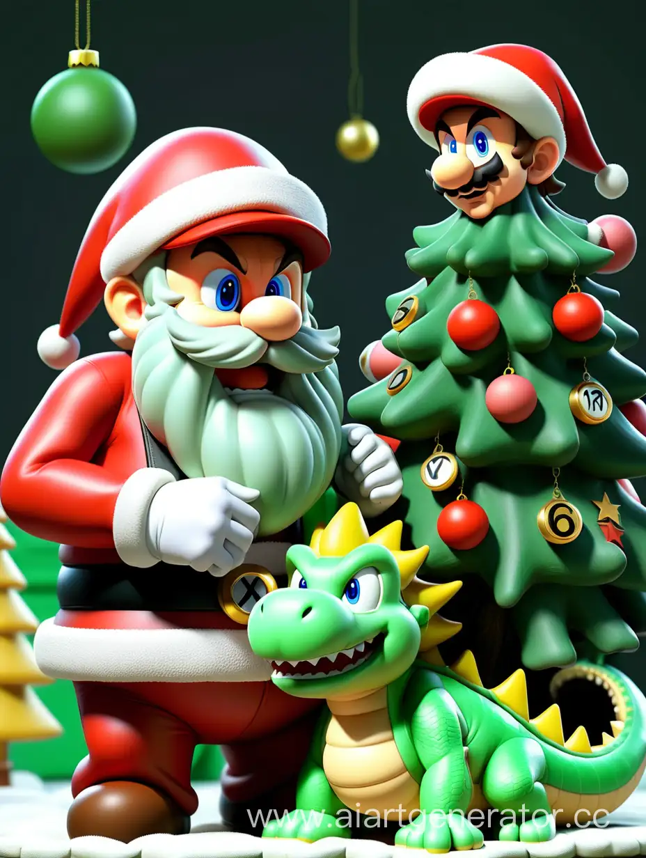 Игра Супер-Марио с новогодней елкой и санта-клаусом и зеленым драконом