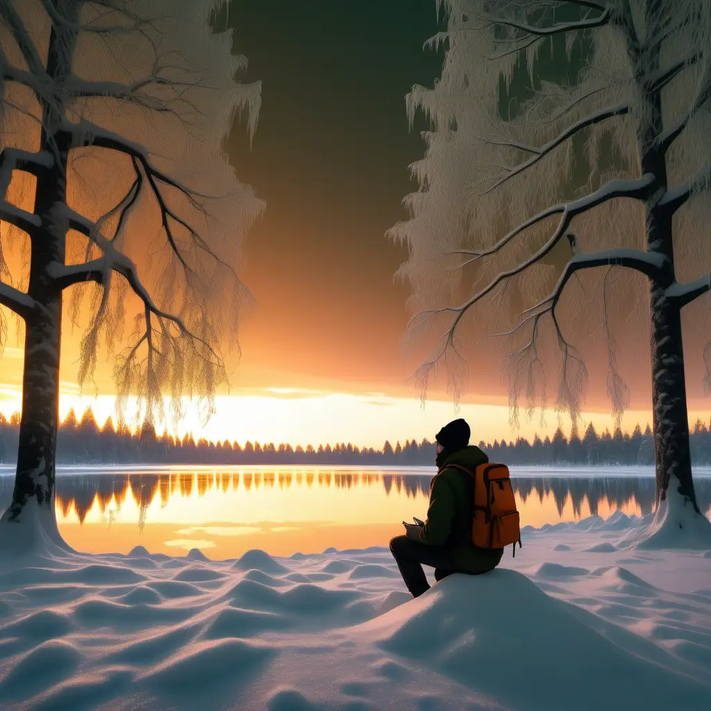 create hype snow covered forest, frozen lake in the middle with reflection, huge trees, silhouette of a guy with beanie, olive green jacket and backpack sitting in front of the lake, 1080p resolution, high definition, ultra 4K, volumetric lightning, orange sunset