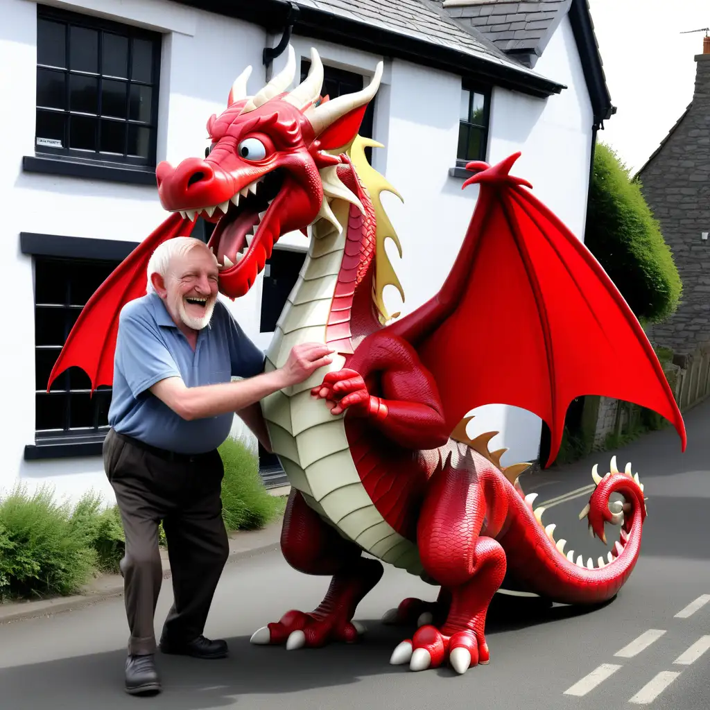 Happy Welsh dragon helping an old man