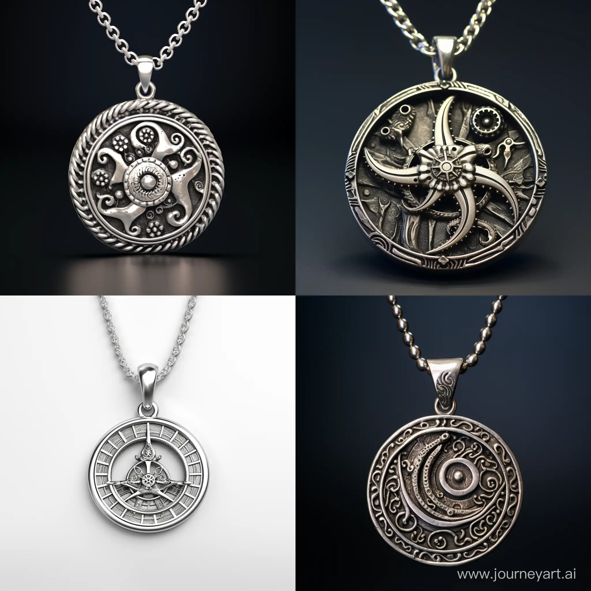 The image of a round silver pendant in the form of a wheel. 
In the middle of the pendant is a hand with fire in the middle. The wheel is decorated with octopus tentacles.
