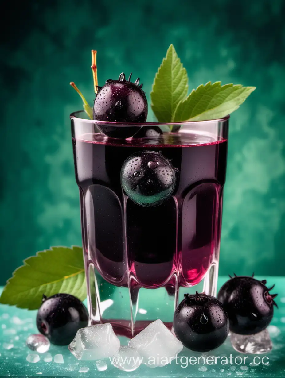 Aronia on with water drops antique mint green background with juice in glass and cut with spone on ice cube