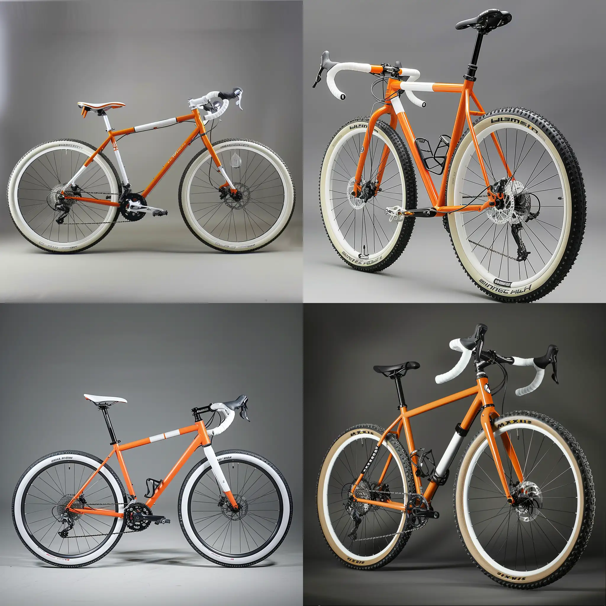Professional studio product photography, adventure bicycle, livery in orange and white, white tires