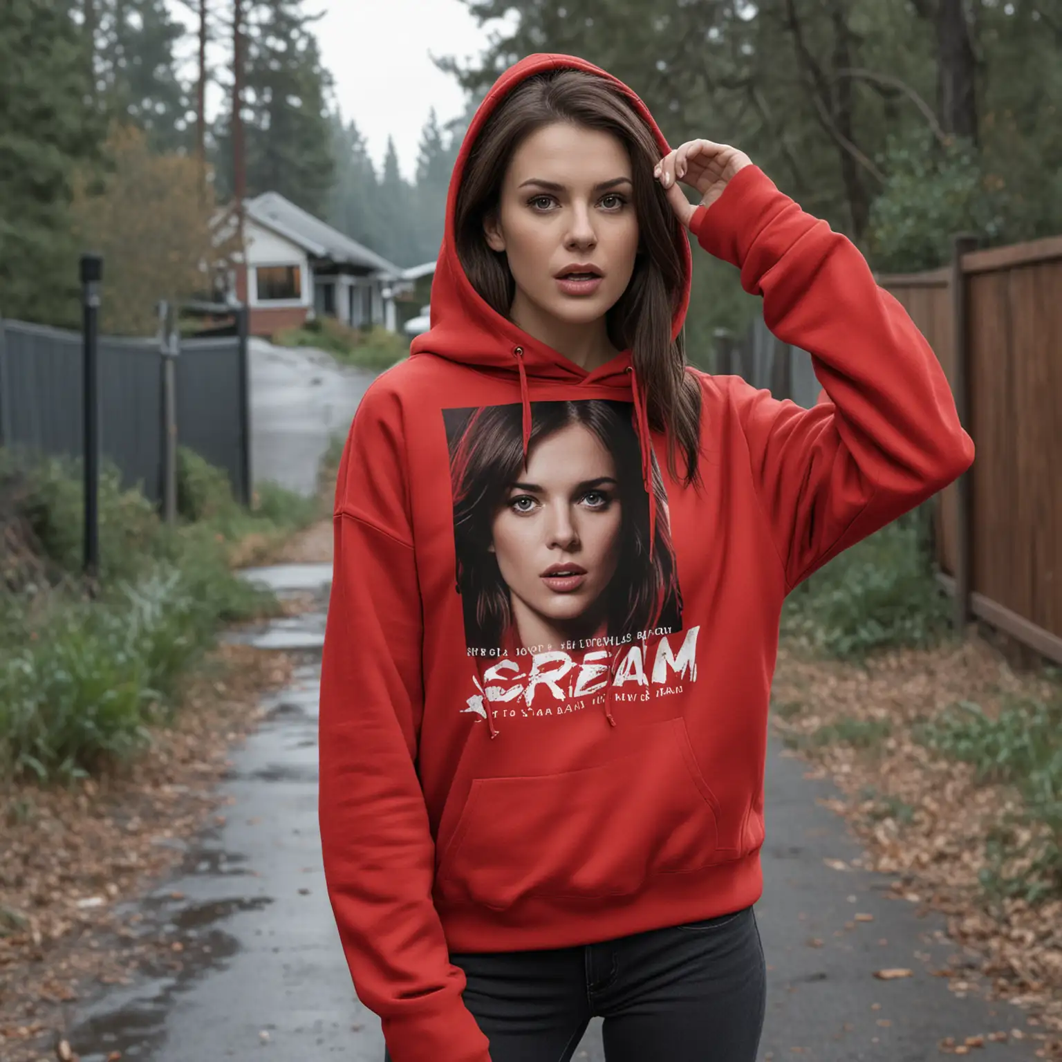 a mockup for a red hoodie.  the model should be female and resemble sidney prescot.  the background of the photo should resemble a scene from the movie scream.