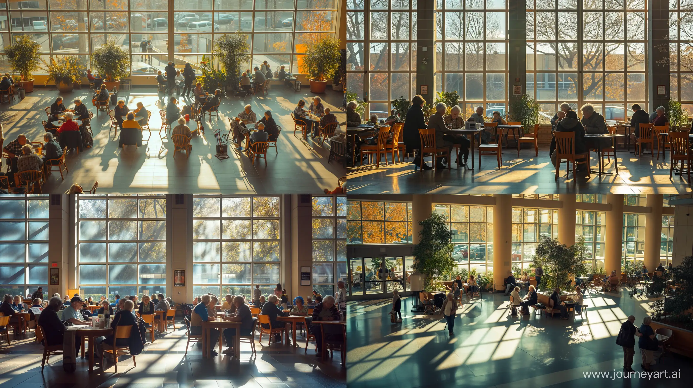 A bustling Center for retirees and social security pensioners of the metropolis, vibrant common areas filled with seniors engaged in various activities, sunlight streaming through large windows, fostering a sense of community and well-being, Photography, Nikon D850 with a 35mm lens, --ar 16:9 --v 6