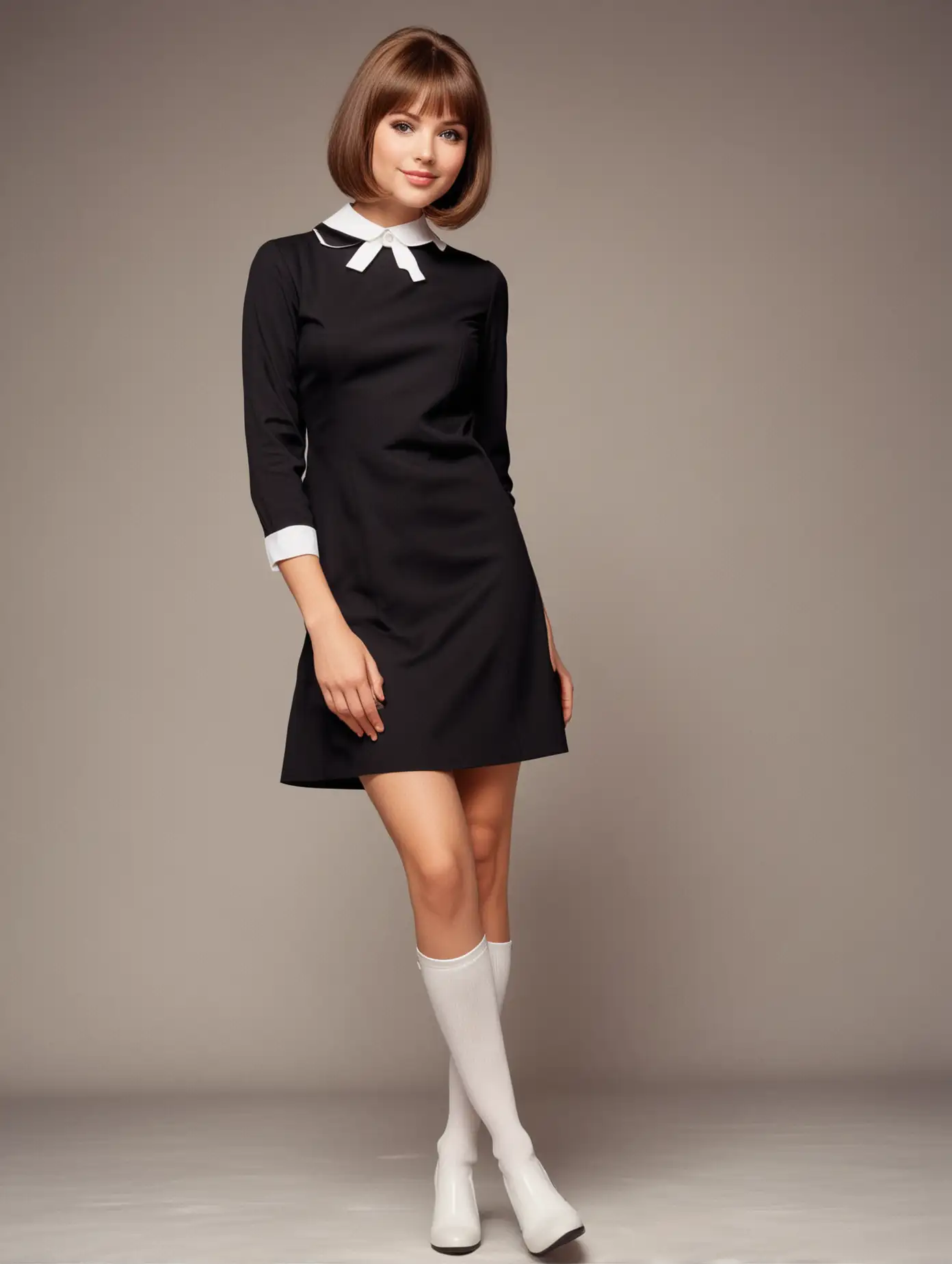 Portrait of a 1960s beautiful girl, brown straight hair in a short bob, black A-line short dress with white collar, beehive hair, white gogo boots
