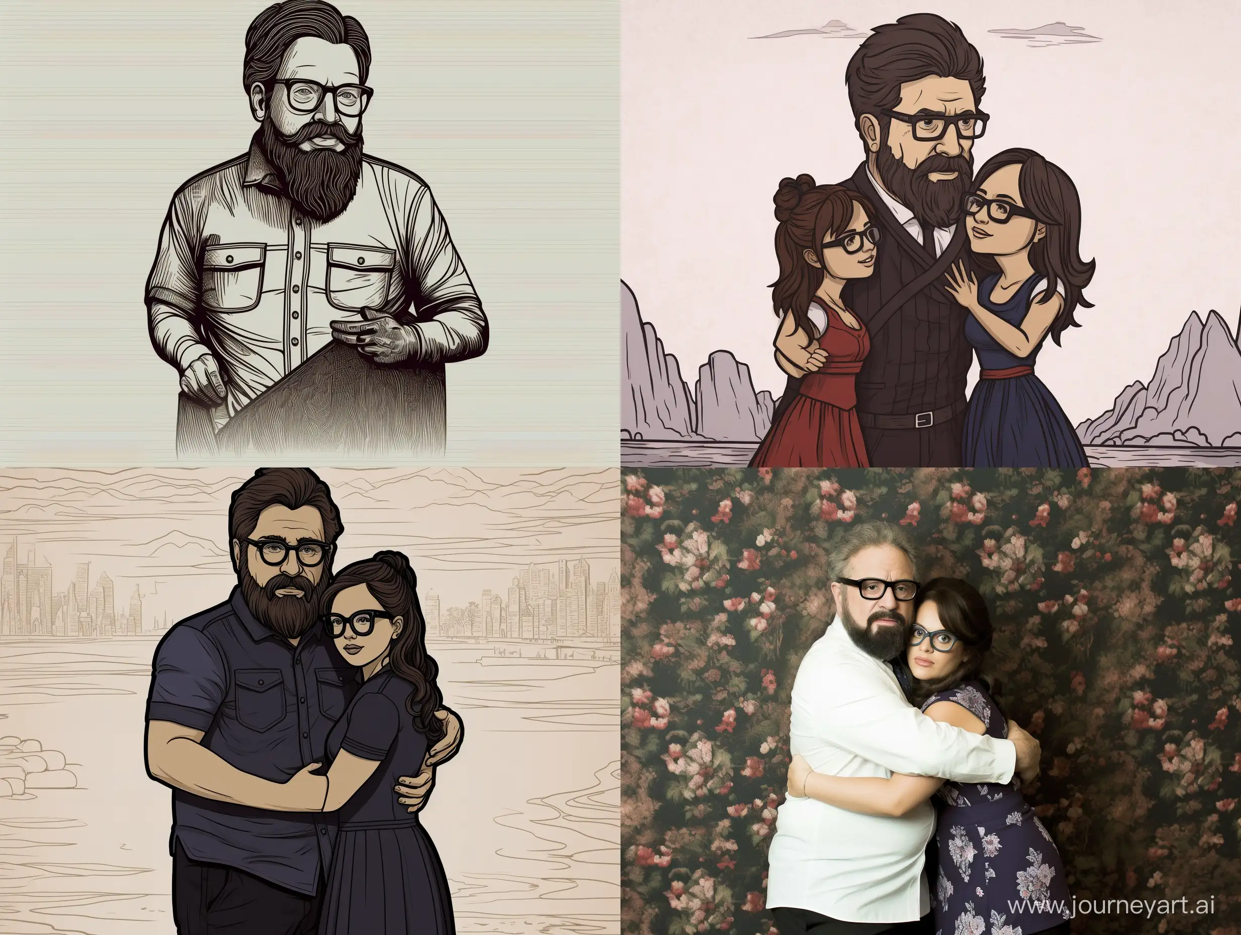 Affectionate-Bearded-Man-Embracing-Two-Girls-in-Elegant-Dresses