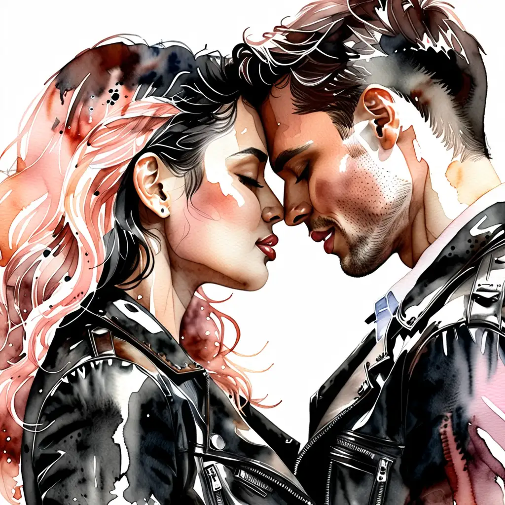 Multicultural Couple Embracing in Elegant Blush Tones Sensual Romance in Black Leather