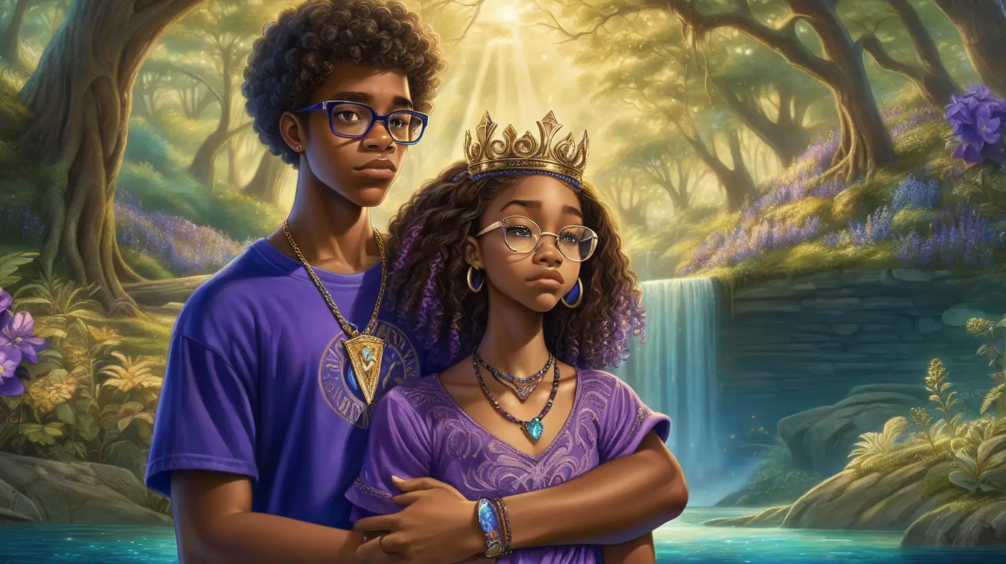 African-American teenage boy "with glasses" wearing t-shirt and jeans. His hands are holding the waist of an African-American teenage-girl without glasses. She is wearing an elegant princess-medieval golden embroidered dress and gemstone-necklace and bracelets and crown, she's crying in his shoulder. Surrounded by blue and purple floral forest, 8K. Bright purple magical waters in the lake