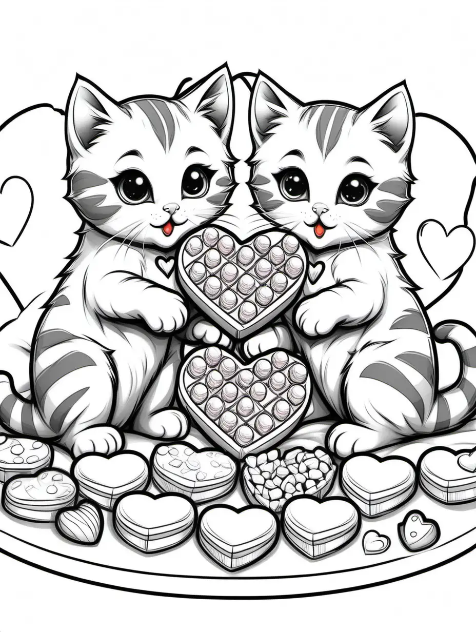 create a black line detailed sketch illustration coloring page of cute kittens eating heart-shaped chocolate candies while sitting on a bed, crisp black outlines, no shading
