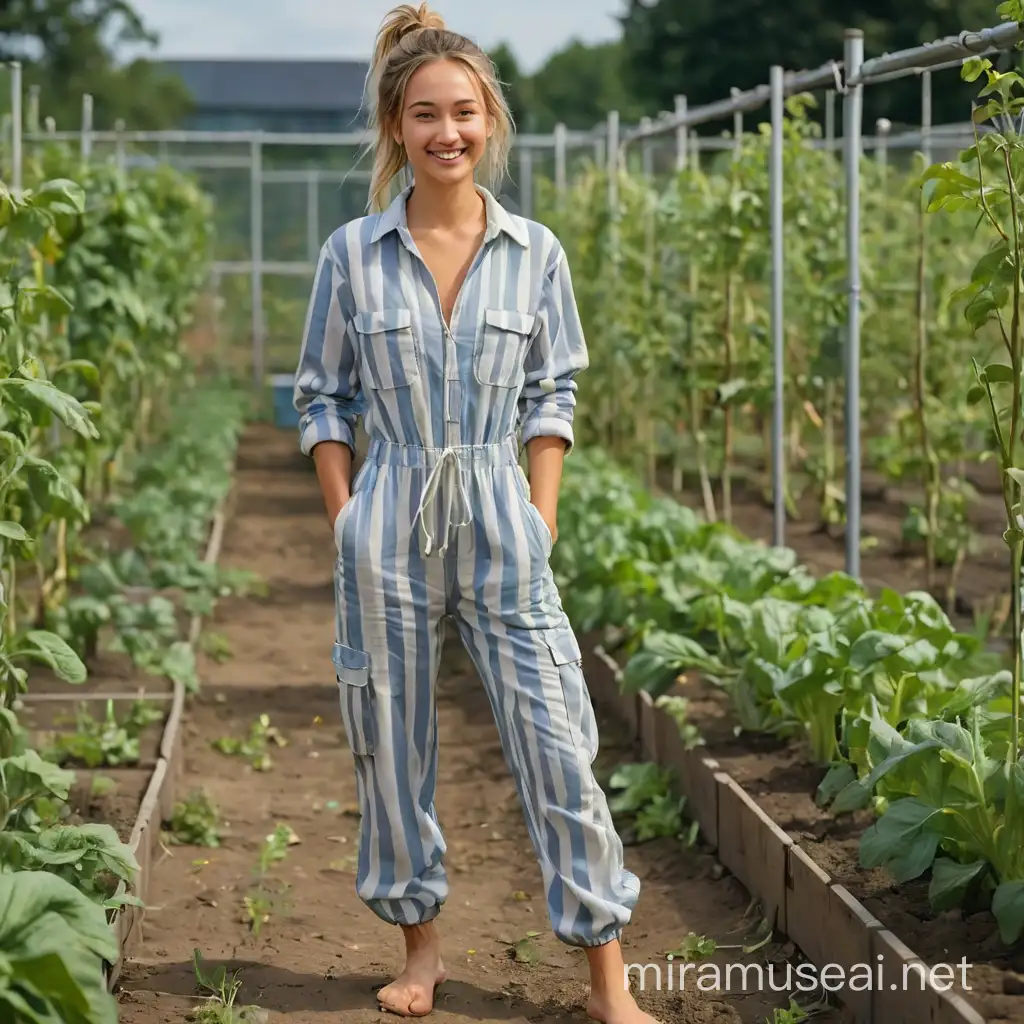 Young female prisoner working on her knees in the vegetable garden by a working shift. European, shy smile, barefoot, hair in a ponytail, visible naked breasts. (Jumpsuit: with wide white and pastel blue vertical stripes, made of very crumpled fabric with many zippers and pockets, long sleeves, very  wide cargo pants and with a very long central zipper, wide opened, No belt.). No clothes under jumpsuit.