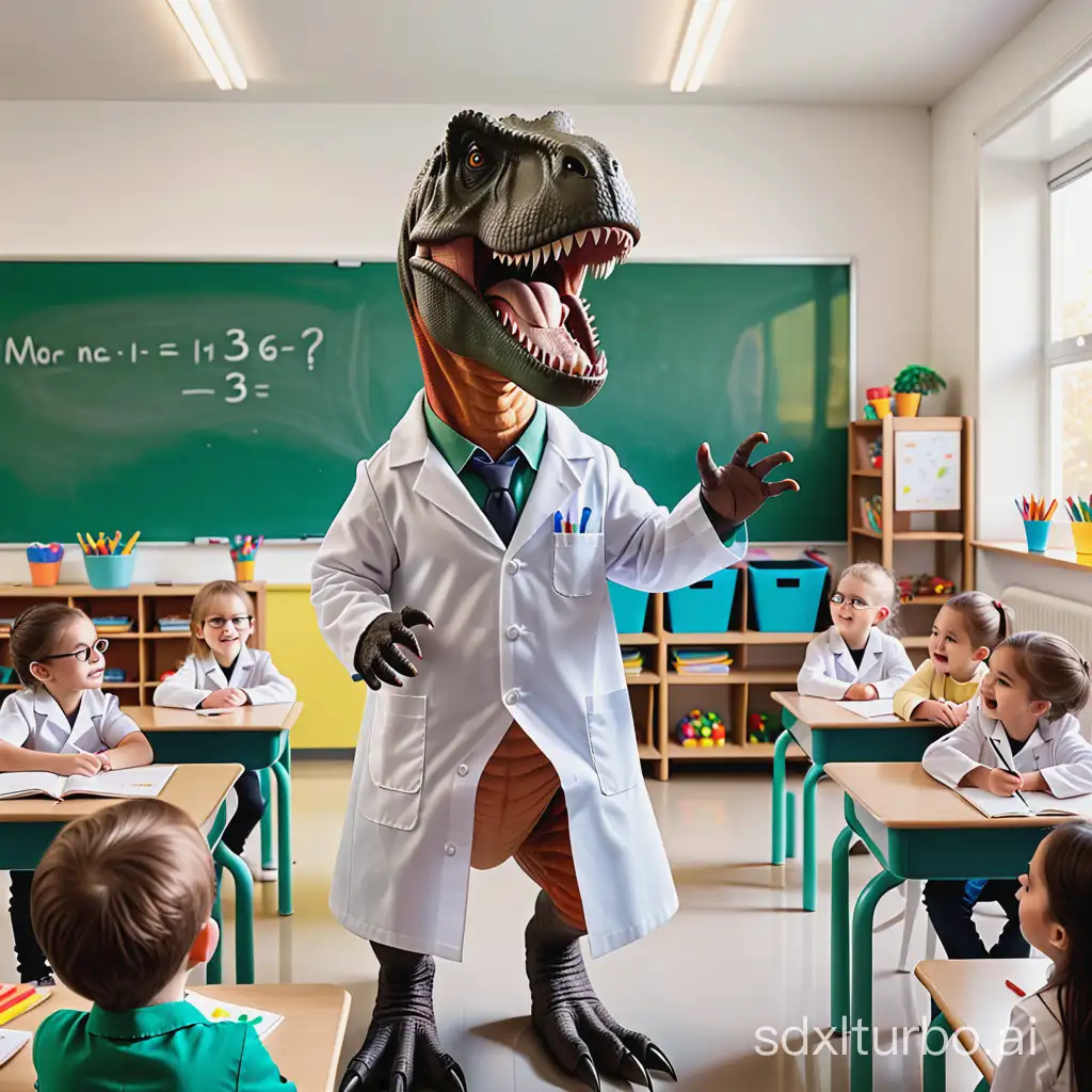 Um tiranossauro Rex com uma bata científica a dar aulas a crianças numa sala de aula