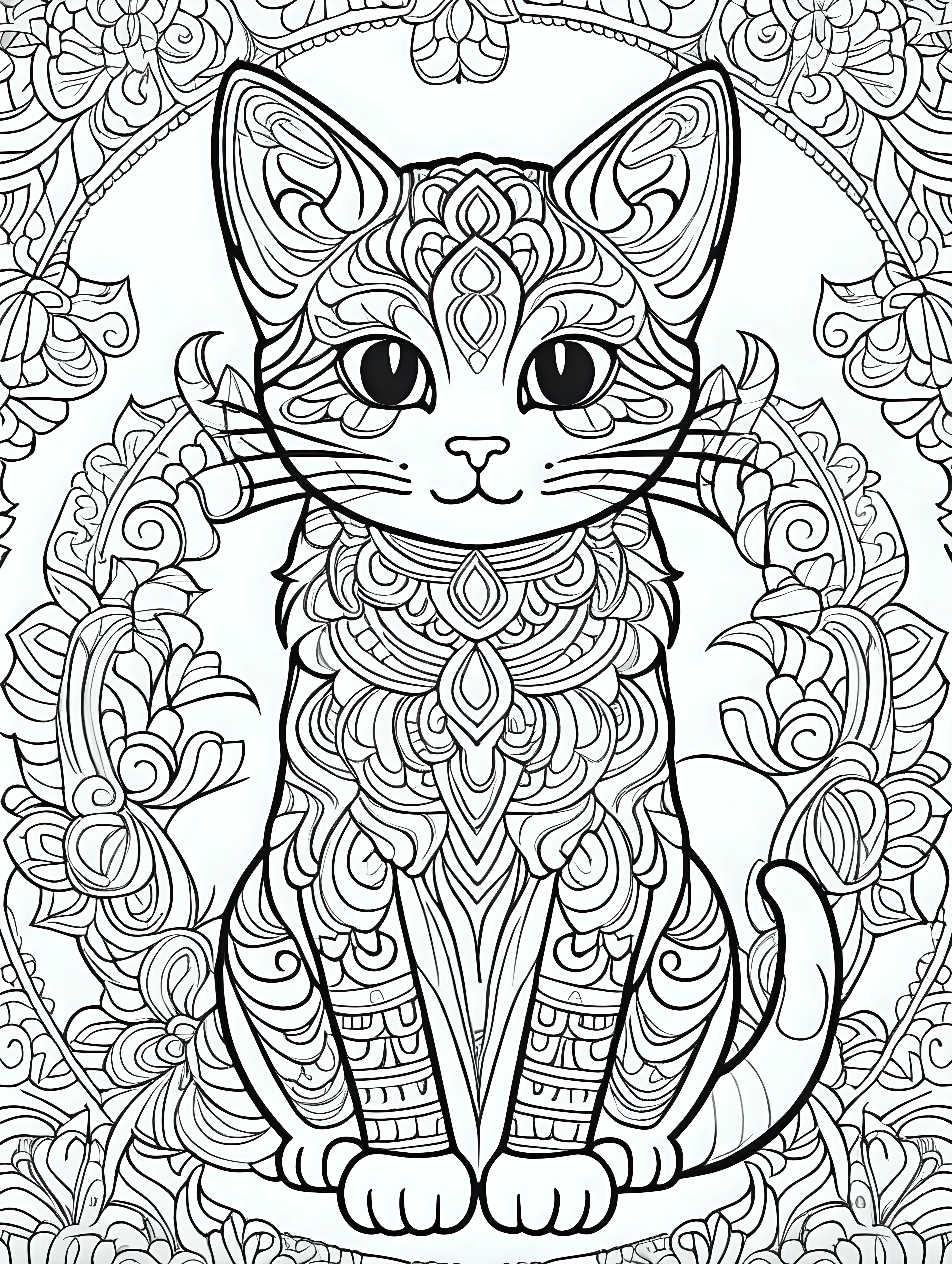 Mandala Cat Coloring Book Page in Cartoon Style