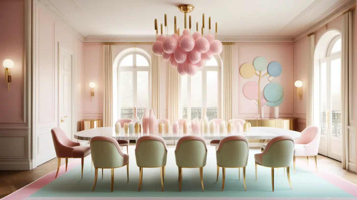 hyperrealistic image of a modern parisian estate home dining room and bar; candyland inspired; pastel, ivory and brass colour palette