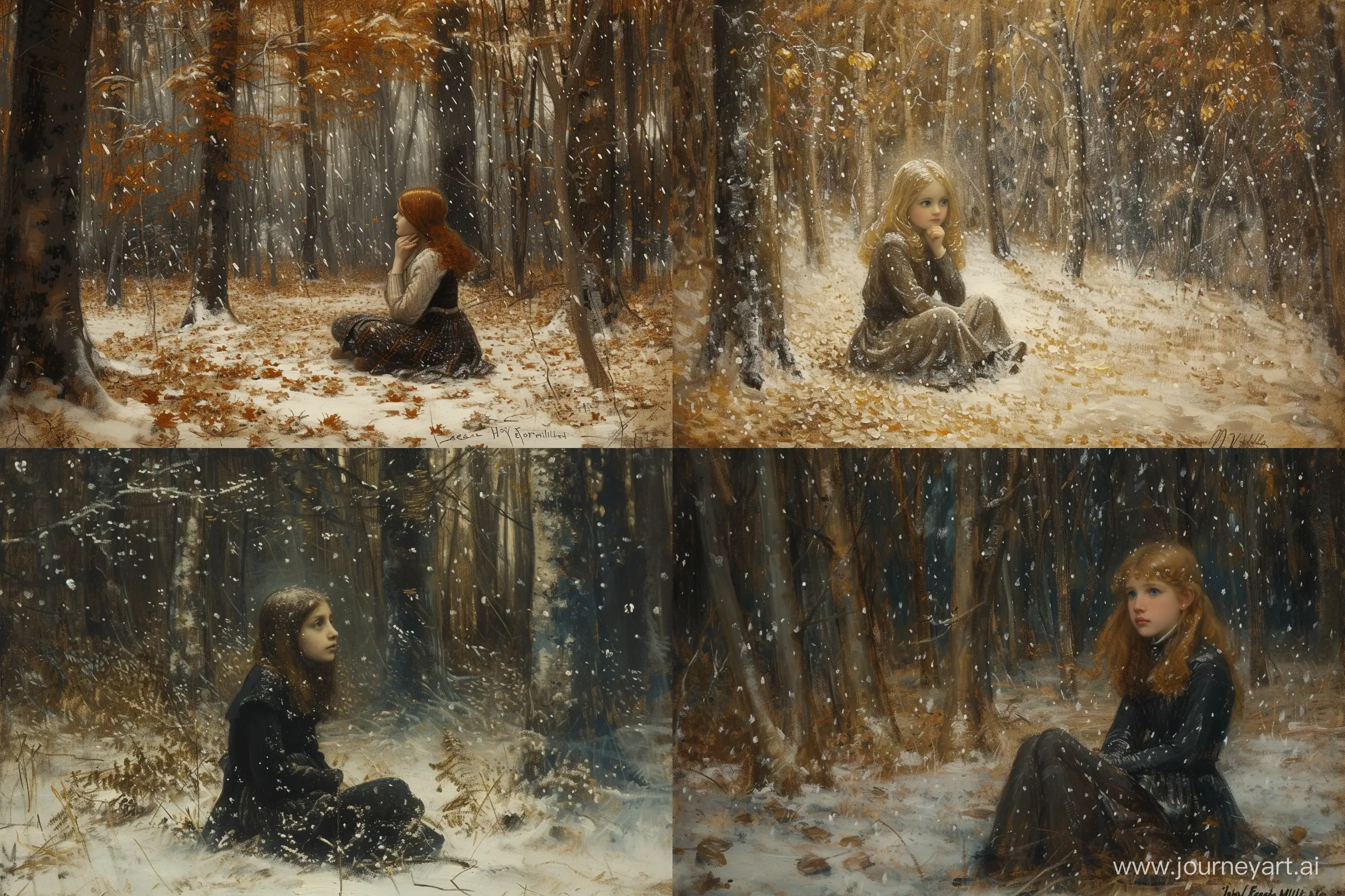 Enchanting-Snowfall-Scene-Captivating-1920s-Girl-in-Forest-by-John-Everett-Millais