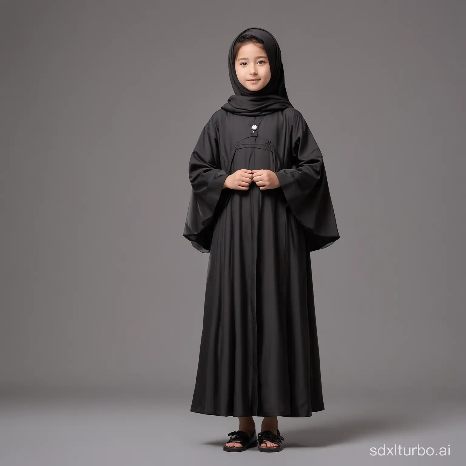 Little child japanese muslimah wearing abaya, game character, stands at full height