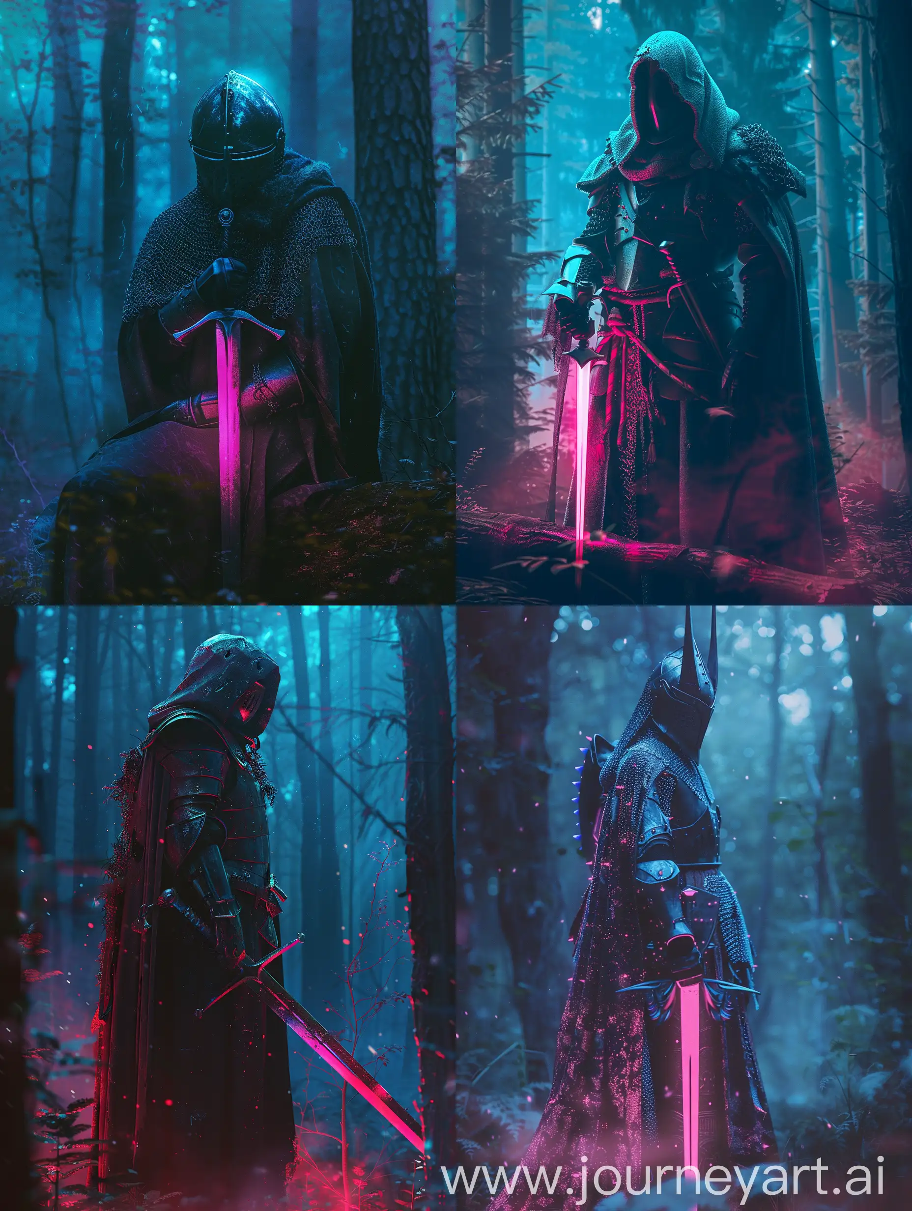 phantom knight, sword, glow in the dark, with subtle pink and blue gradients, shadow, fantasy, Moonlight enveloping attire forest, ultra quality, ultra detailed, realistic photo.
